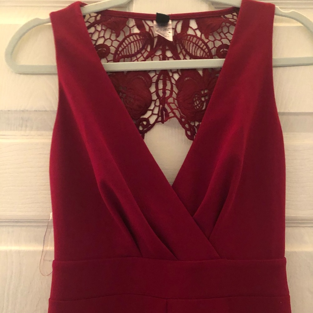 Deep red jumpsuit with gorgeous back detail